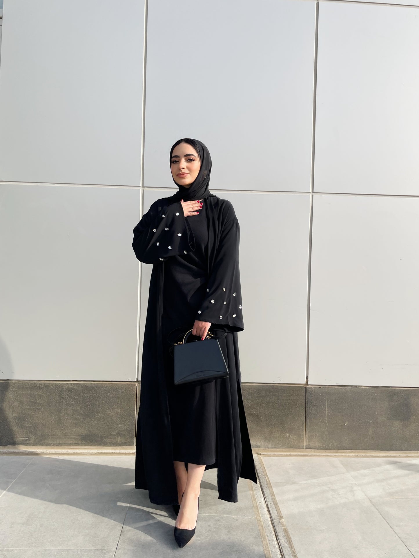 Signature Abaya with Handmade Crystal Details in Black